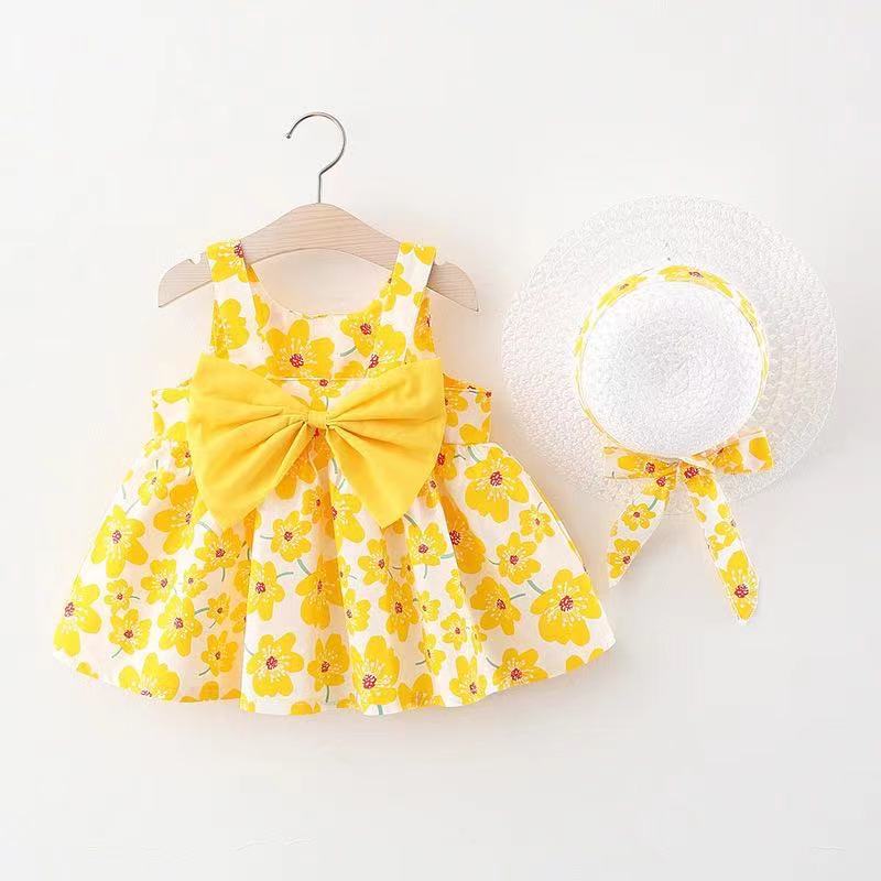 キッズファッション 花柄リボン付きノースリーブ帽子セットワンピース