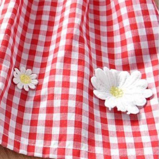 キッズファッション 花柄肩紐ギンガムチェックワンピース