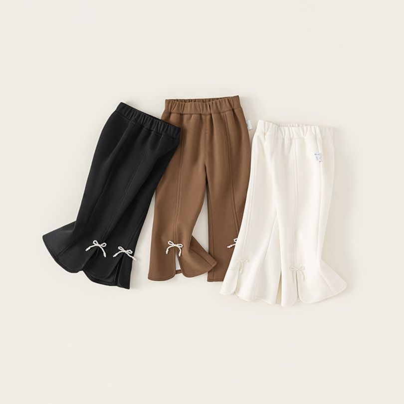 キッズファッション 裾フリル付きリボン飾りこども用フレアパンツ