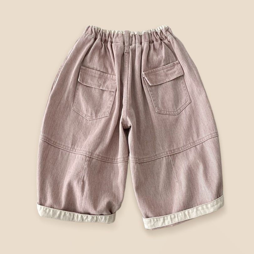キッズファッション ナチュラル切替デザインゆったりハーフ丈パンツ