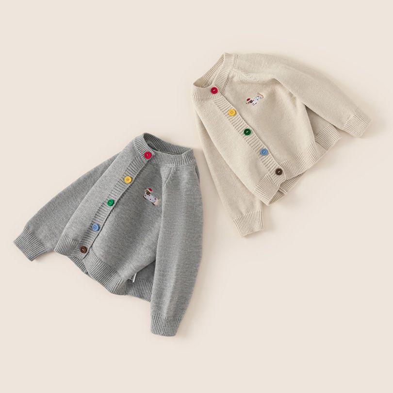 キッズファッション 子犬刺繍レインボーボタンニットカーディガン