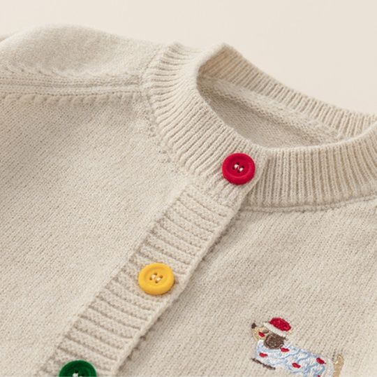 キッズファッション 子犬刺繍レインボーボタンニットカーディガン