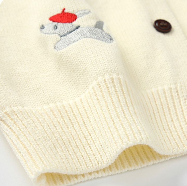 キッズファッション 可愛い子犬刺繍の丸首ボタン留めカーディガン