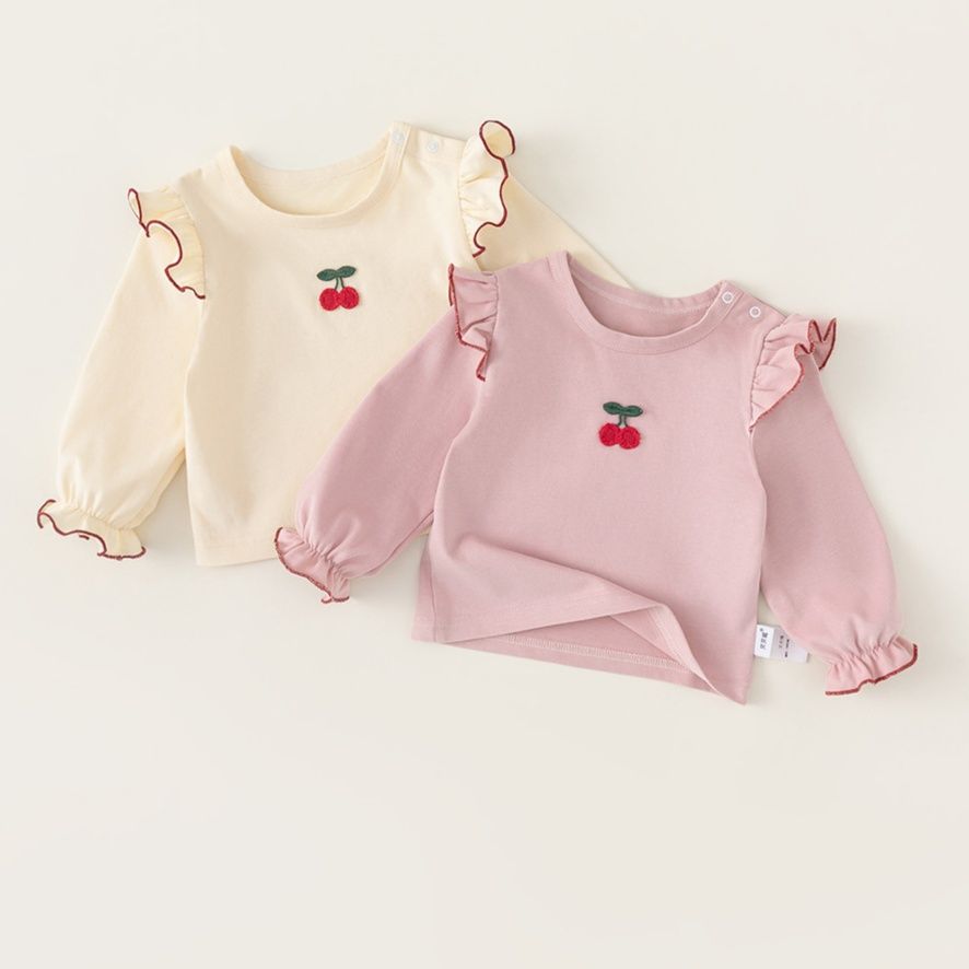 キッズファッション さくらんぼ刺繍フリル袖長袖Tシャツ