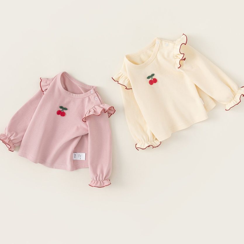 キッズファッション さくらんぼ刺繍フリル袖長袖Tシャツ