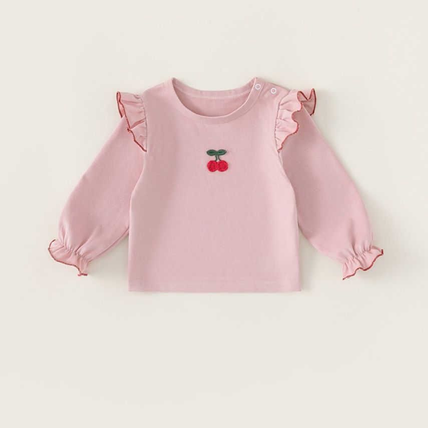 キッズファッション さくらんぼ刺繍フリル袖長袖Tシャツ