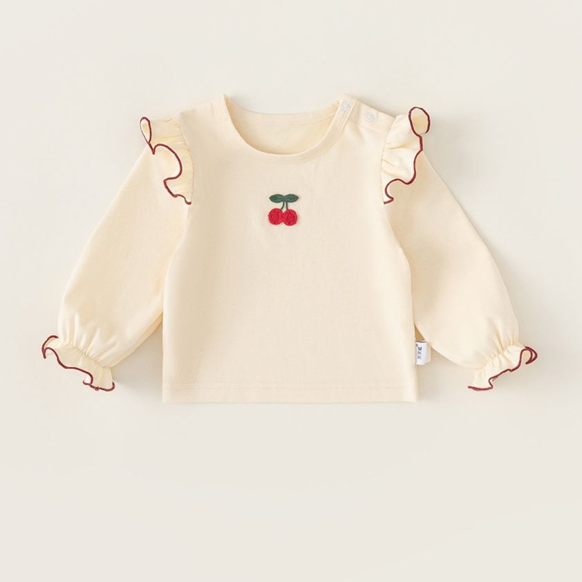 キッズファッション さくらんぼ刺繍フリル袖長袖Tシャツ