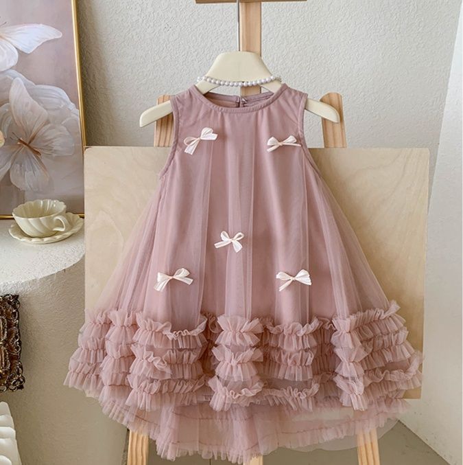 キッズファッション 小花リボン付きふわふわチュール姫様ドレス