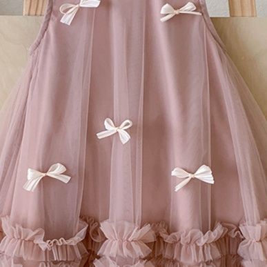 キッズファッション 小花リボン付きふわふわチュール姫様ドレス