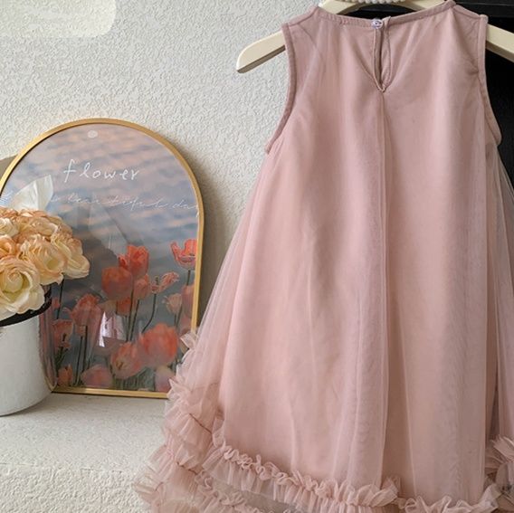 キッズファッション 小花リボン付きふわふわチュール姫様ドレス