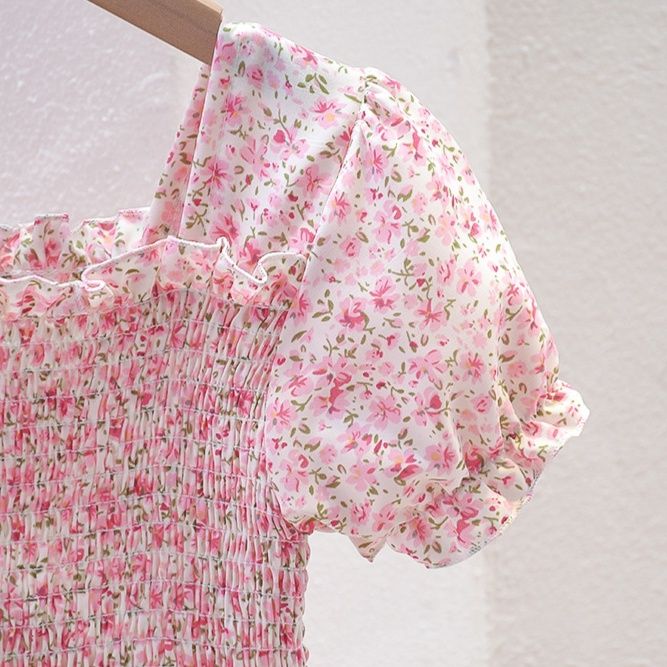 キッズファッション 花柄シャーリング半袖ワンピース かごバッグ付き