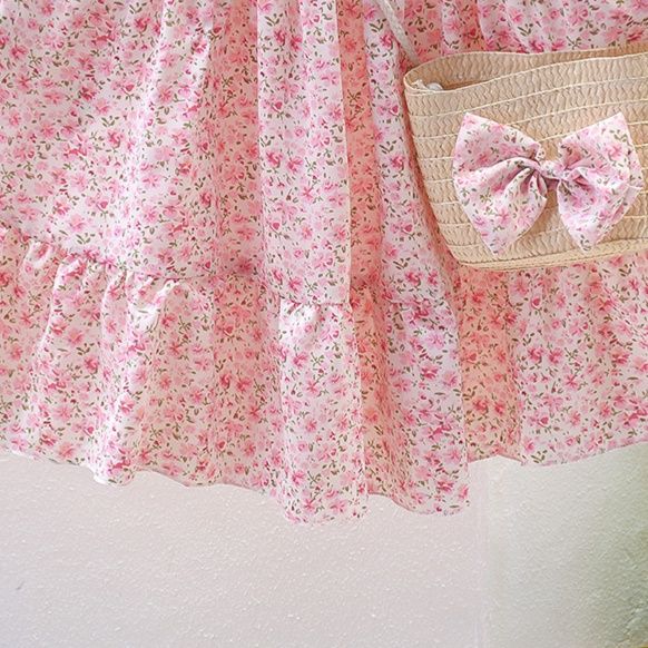 キッズファッション 花柄シャーリング半袖ワンピース かごバッグ付き