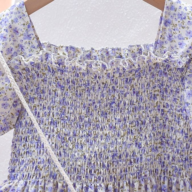 キッズファッション 花柄シャーリング半袖ワンピース かごバッグ付き