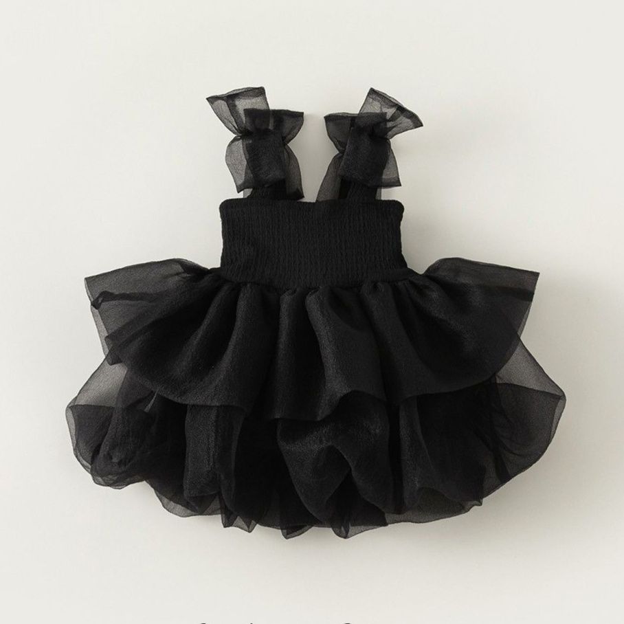 キッズファッション ふんわりチュール肩紐りぼん華やかお姫様ドレス