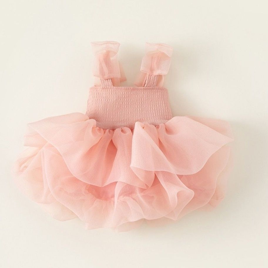 キッズファッション ふんわりチュール肩紐りぼん華やかお姫様ドレス