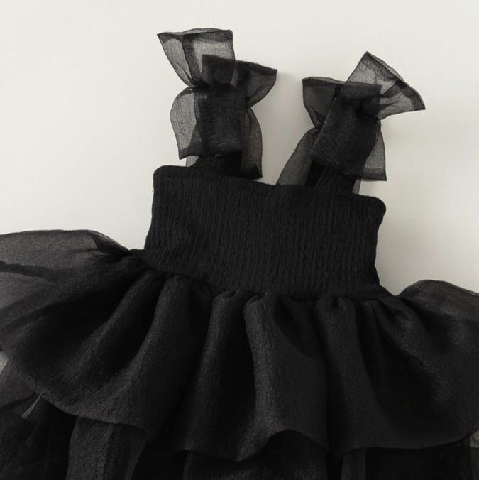 キッズファッション ふんわりチュール肩紐りぼん華やかお姫様ドレス