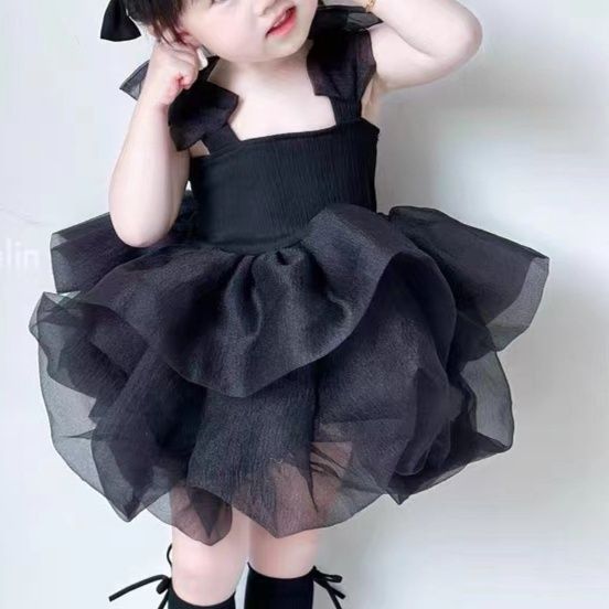 キッズファッション ふんわりチュール肩紐りぼん華やかお姫様ドレス