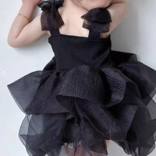 キッズファッション ふんわりチュール肩紐りぼん華やかお姫様ドレス