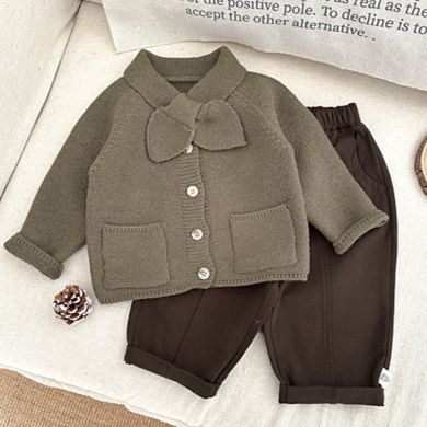 キッズファッション 襟付きリボン飾り長袖ニットカーディガン