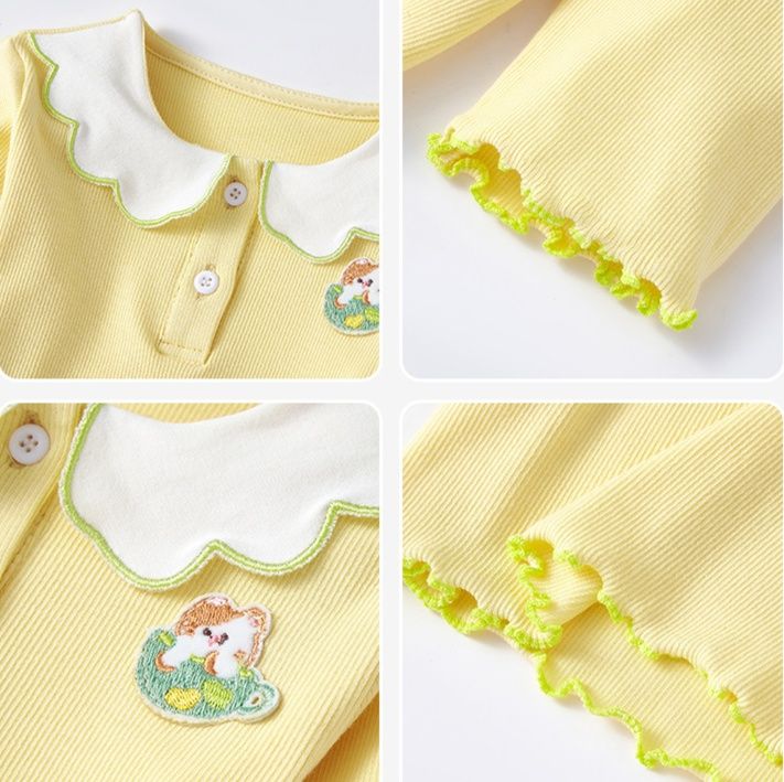 キッズファッション 子犬刺繍つきスカラップ襟長袖トップス