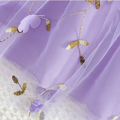 キッズファッション 花刺繍チュールスカートフリル袖プリンセスドレス