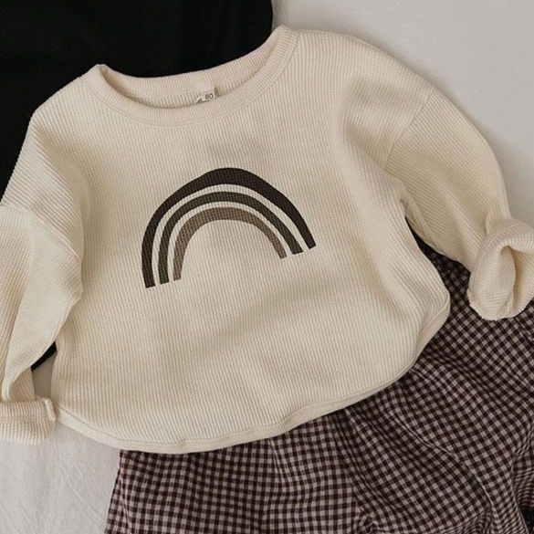 キッズファッション 虹模様プリント長袖ワッフル素材トップス