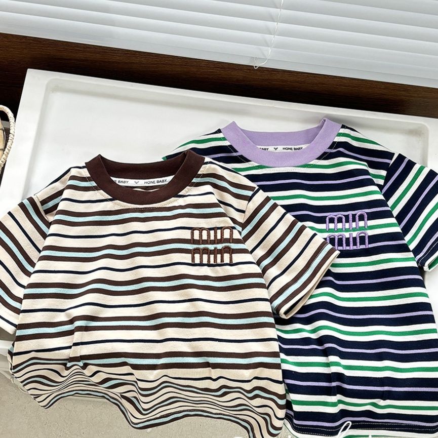 キッズファッション Tシャツ　カジュアルボーダー半袖Tシャツ