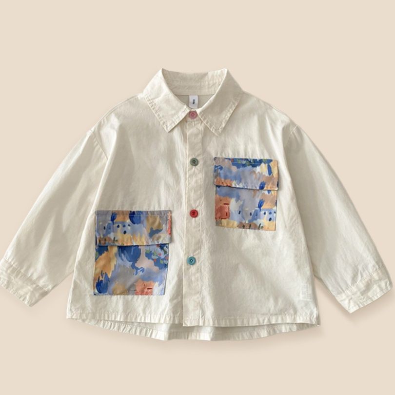キッズファッション シャツ　花柄ポケット付き長袖シャツ