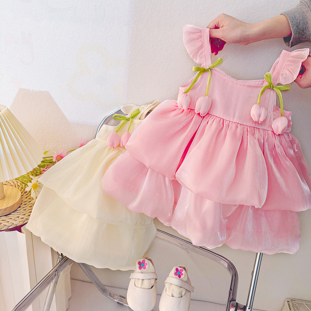 キッズファッション 花びらフリル付きリボンストラップ姫様風ドレス