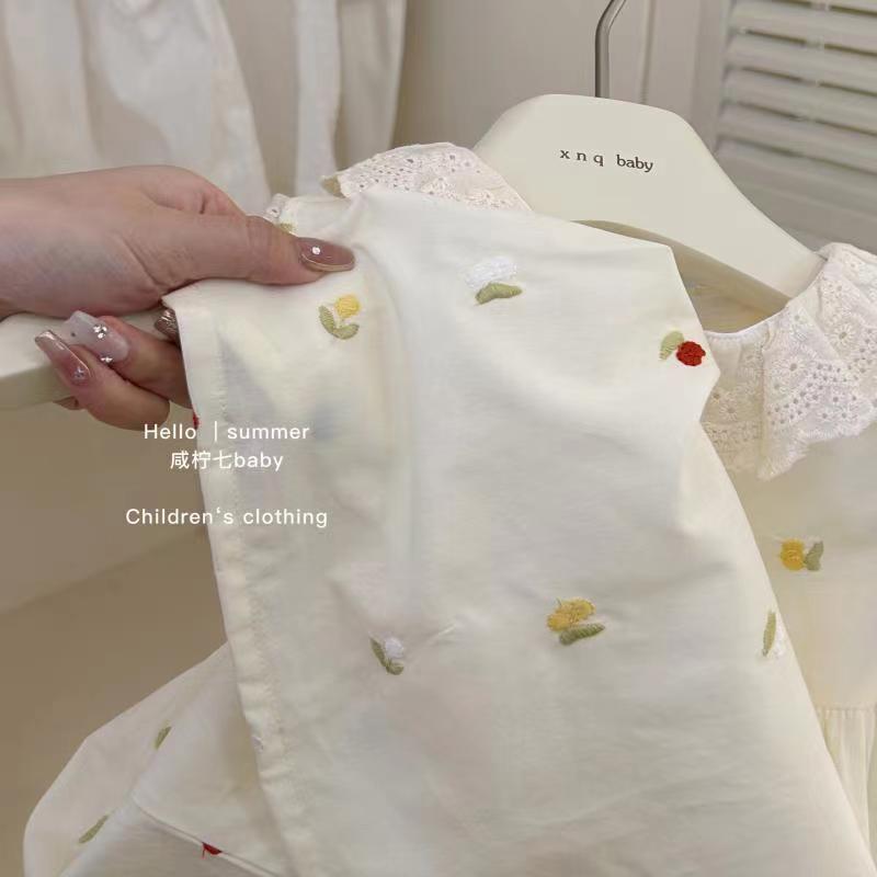 キッズファッション 花びら刺繍レース襟付き半袖ワンピース