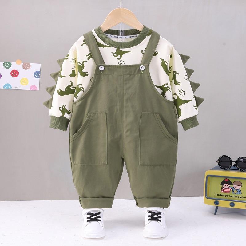 キッズファッション 恐竜プリント長袖トップス付きサロペットセット