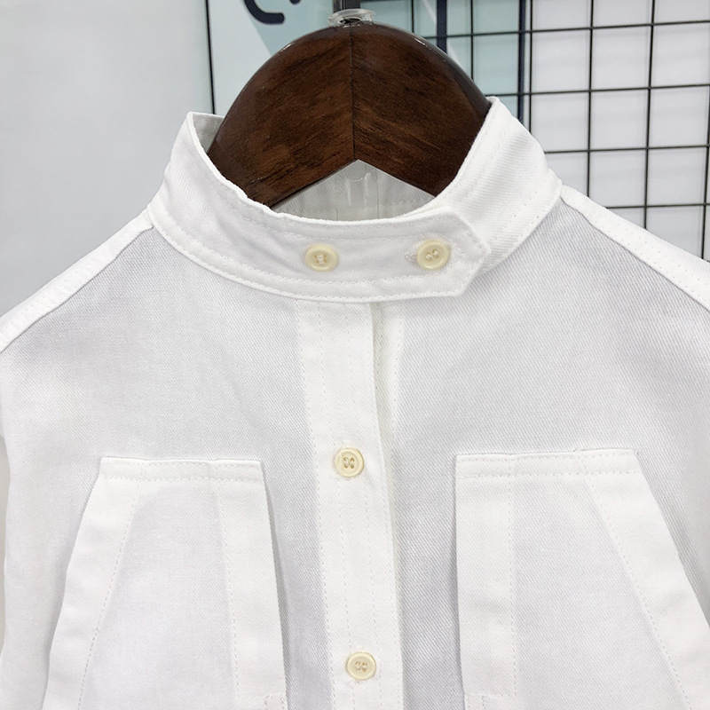キッズファッション 大きめポケット付きスタンドカラー長袖シャツ
