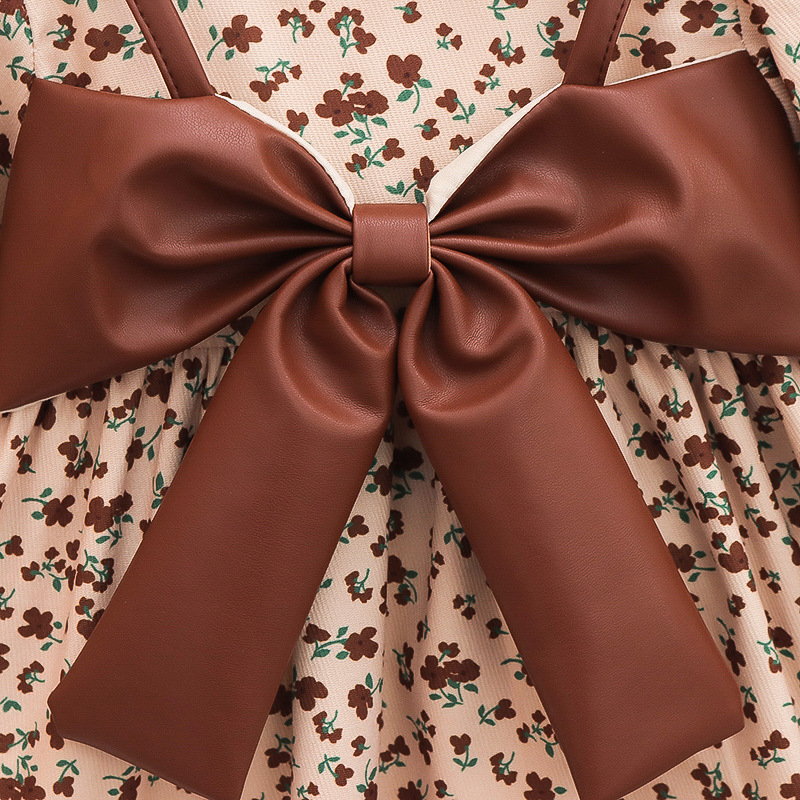 キッズファッション 小花柄パフスリーブリボンワンピース