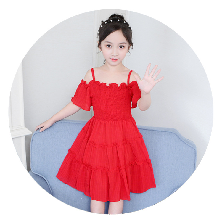 キッズファッション オフショルダーフリル段々膝丈ドレス