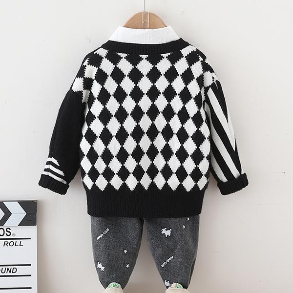 キッズファッション 子供用ニット黒白幾何学模様カーディガン