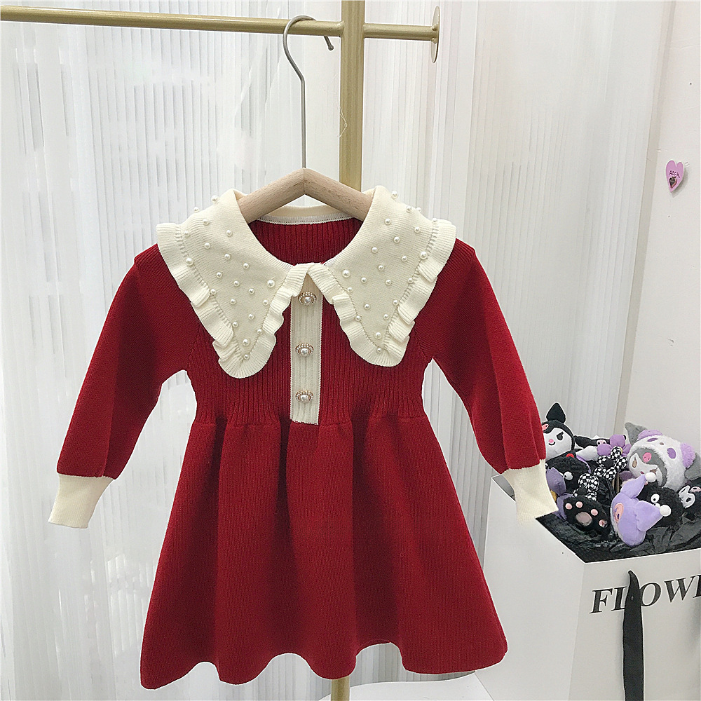 キッズファッション 小花柄大襟ニットワンピース
