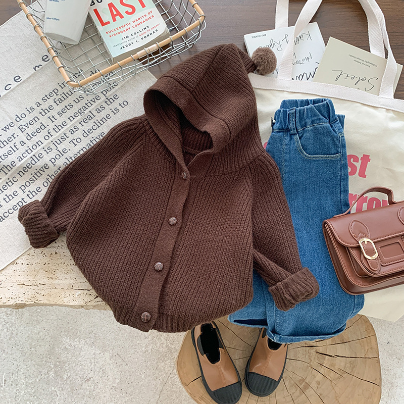 キッズファッション ぽんぽん付きフード一体型ニットカーディガン