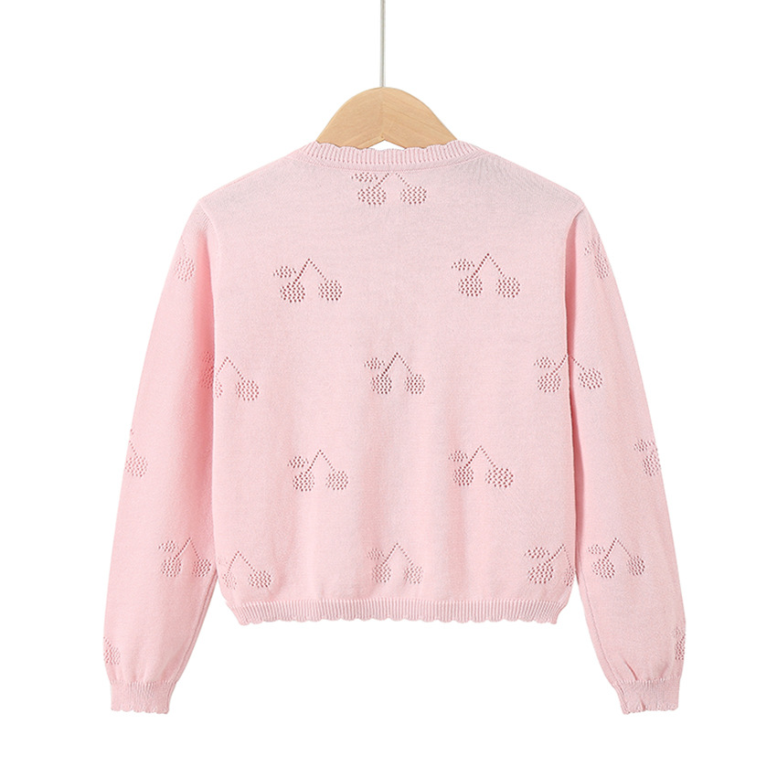 キッズファッション さくらんぼ模様の透かし編み丸首カーディガン