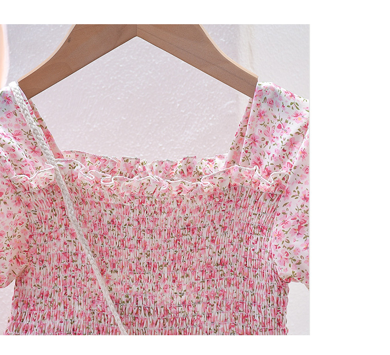 キッズファッション 花柄シャーリング半袖ワンピース かごバッグ付き