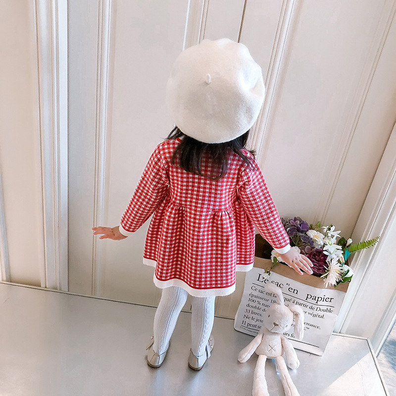 キッズファッション ギンガムチェック柄長袖配色パイピングワンピース