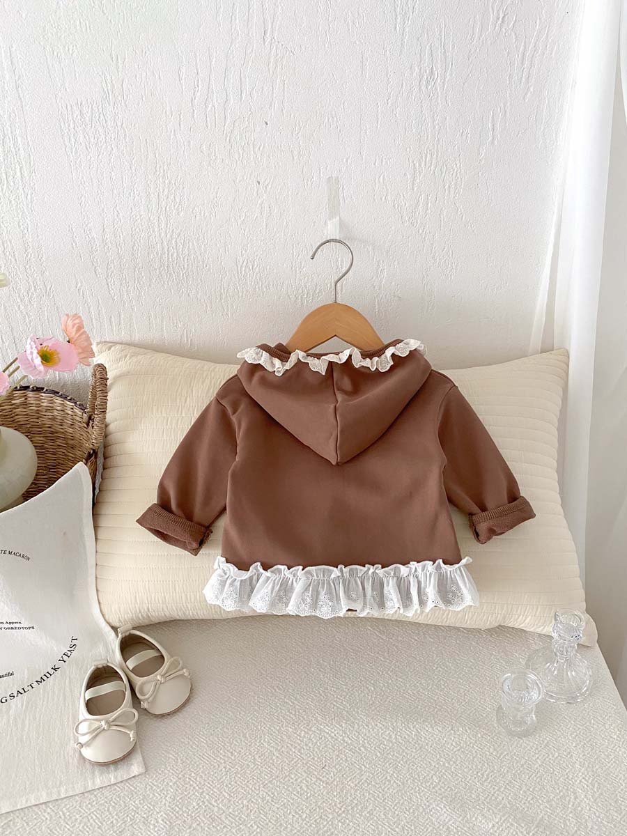 キッズファッション フリルフード付き裾レース切替ジップアップトレーナー