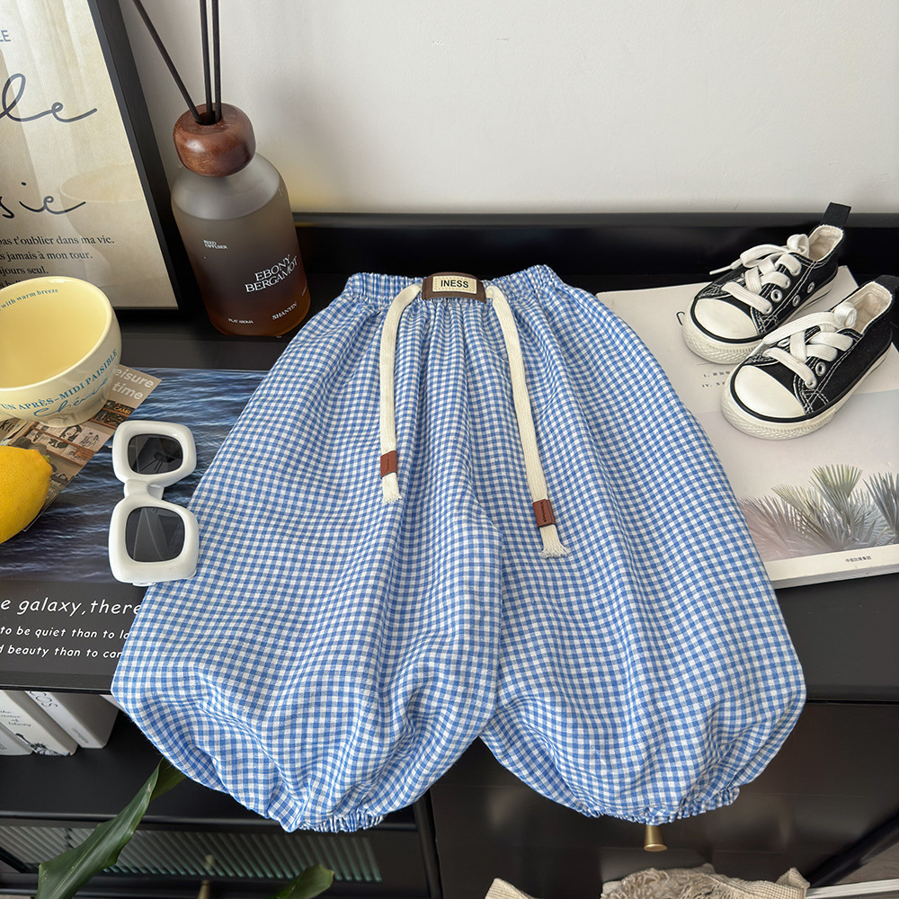 キッズファッション ギンガムチェック柄吊りひもバルーンパンツ