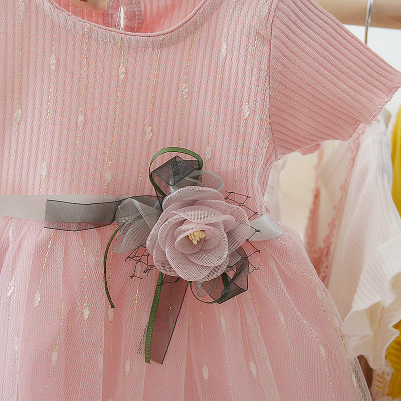 キッズファッション お花のリボン付きチュールプリンセスドレス