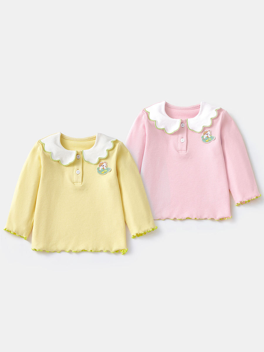 キッズファッション 子犬刺繍つきスカラップ襟長袖トップス