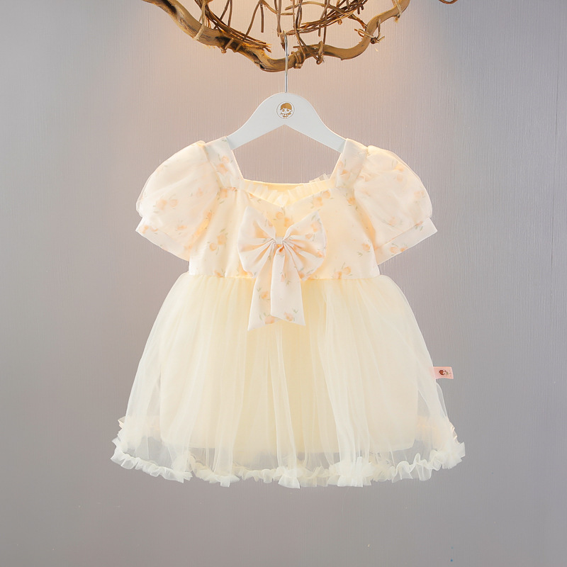 キッズファッション ワンピース　花柄刺繍パフスリーブチュールワンピース