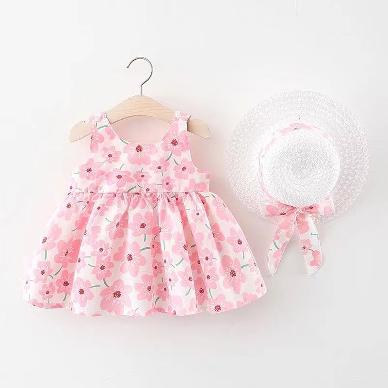 キッズファッション 花柄リボン付きノースリーブ帽子セットワンピース
