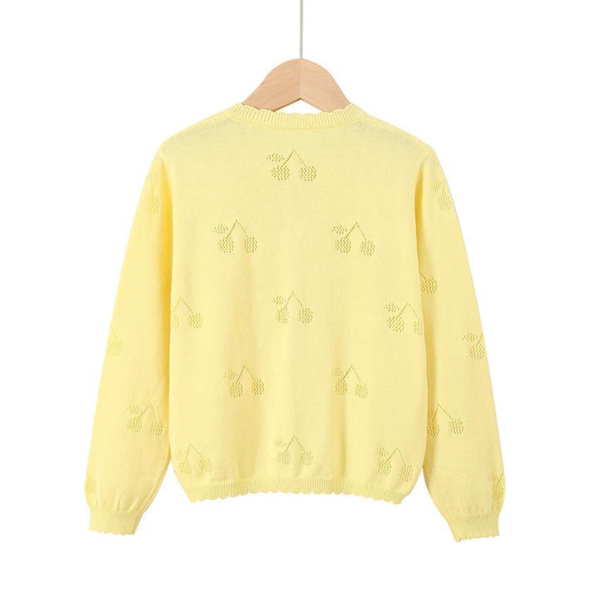 キッズファッション さくらんぼ模様の透かし編み丸首カーディガン