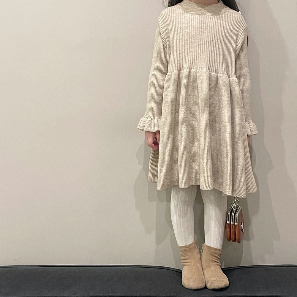 キッズファッション リブ編み長袖ふんわりフレア袖ワンピース