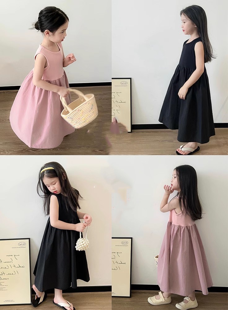 キッズファッション 上品切り替えノースリーブロング丈女の子ワンピース