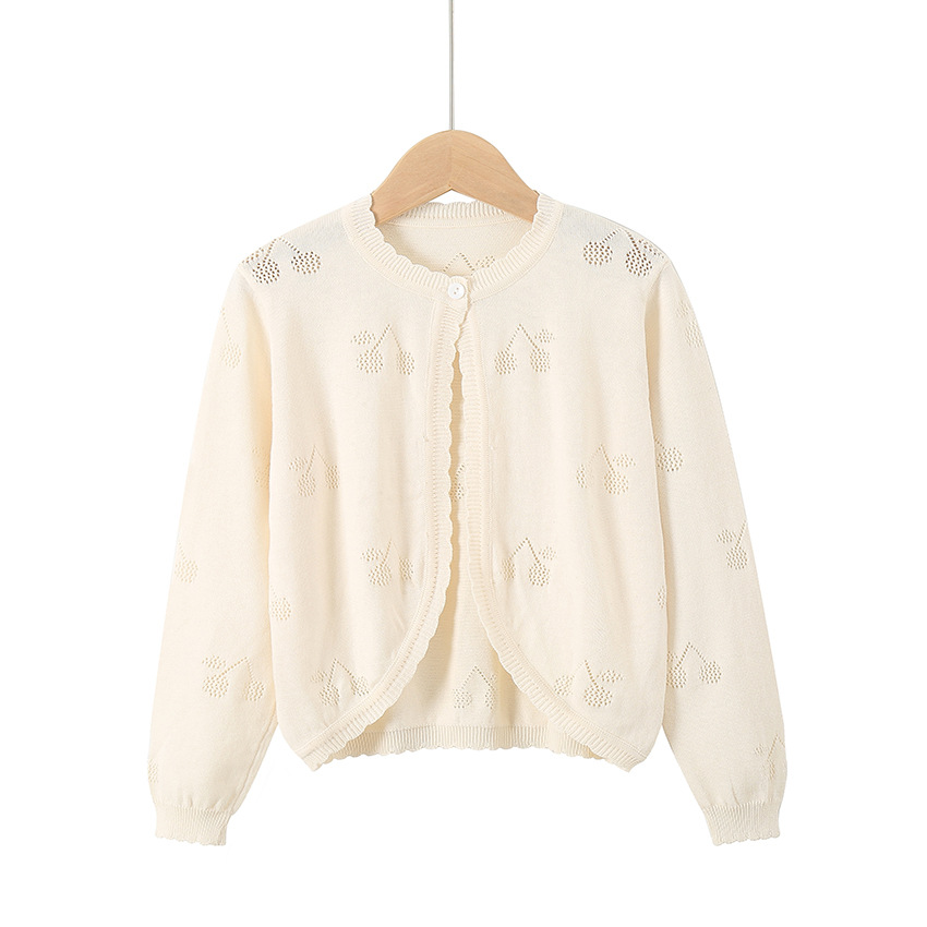 キッズファッション さくらんぼ模様の透かし編み丸首カーディガン
